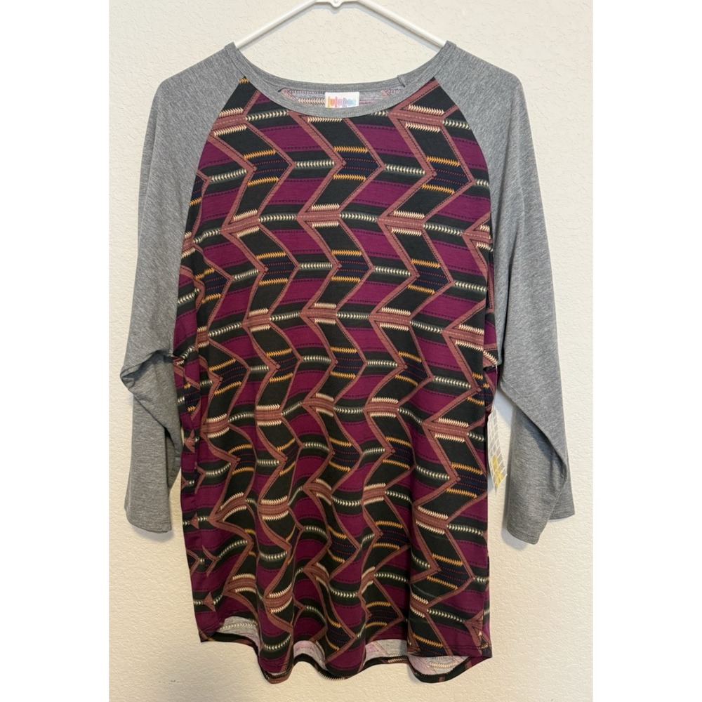 NWT LuLaRoe 3XL Purple Black Geometric Print‎ Gray Sleeve Baseball Tee Shirt